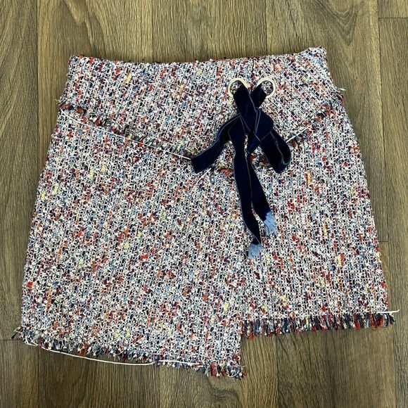 Parker Womens Size 4 Tweed Fray Asymmetrical Faux Wrap A-line Mini Skirt Preppy - Picture 1 of 9